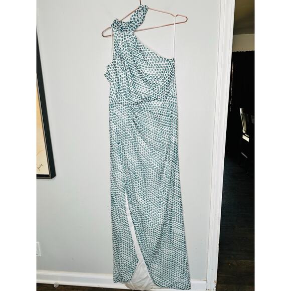 ELLE ZEITOUNE Blue Polka Dot Satin Halter Neckline Tie Waist Grace Gown Size L - Picture 4 of 16
